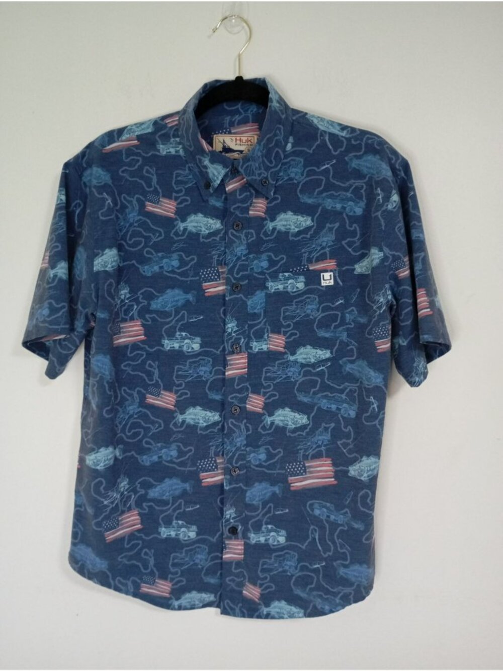 Huk Fishing Mens Americana Short-Sleeve Button-Up Shirt Size S Blue Cotton Blend